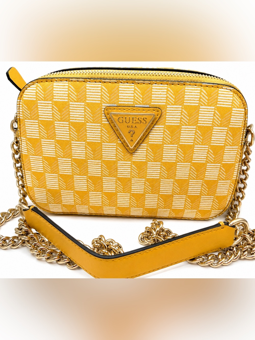 GUESS Yellow Check Crossbody with Gold Chain Detail